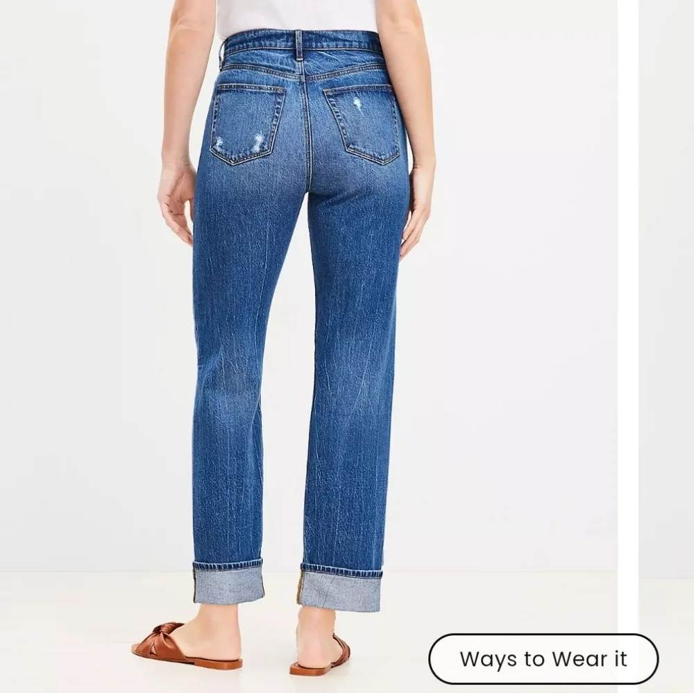 LOFT The Straight Cuffed Medium Blue Women's Jeans High Waist Summer Preppy - Picture 13 of 16